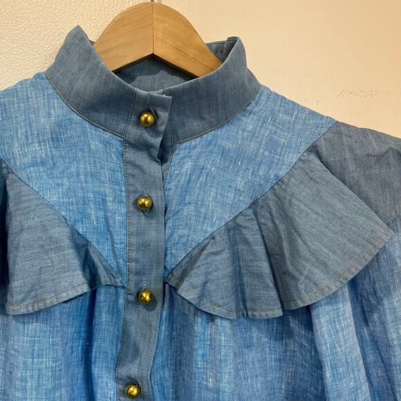 Tuckernuck Mirabella Ruffle Bib Linen Cotton Button Blouse Blue Chic Top M - Picture 4 of 9